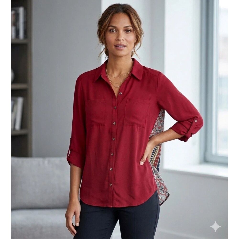 Alfani blouse Womens sz 8 Burgundy Button Up Floral Long Sleeve Pockets career